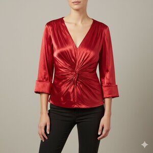 CACHET Tailored 3/4 Sleeve Short Line Dressy Blouse, Glossy Deep Red - S